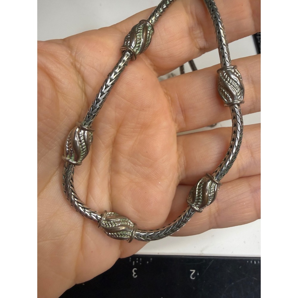 Silver Tone Wheat Chain Necklace with Textured Spiral Slider Beads 20 Inch